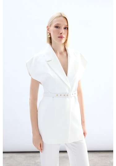 Sateen Kemerli Uzun Yelek - Ekru-136852 Ekru