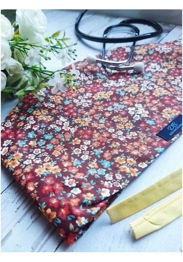 Tesettür Kahverengi Çıtır Çiçekler Desenli Cerrahi Bone Doktor Hemşire Sağlıkçı Bonesi Geniş Kesim