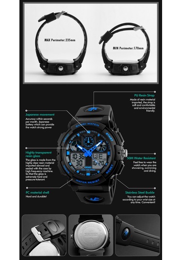 Yunboo Skmeı Erkek Spor Saati, 5atm Su Geçirmez, Çift Zaman, Kronometre, Alarm Ve Işık Özellikli, Koyu Kasa Mavi Işaretçi Çok Renkli