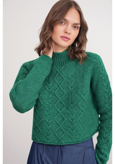 6855 Kadın Dik Yaka Saç Örgülü Triko Kazak Yeşil Yeşil
