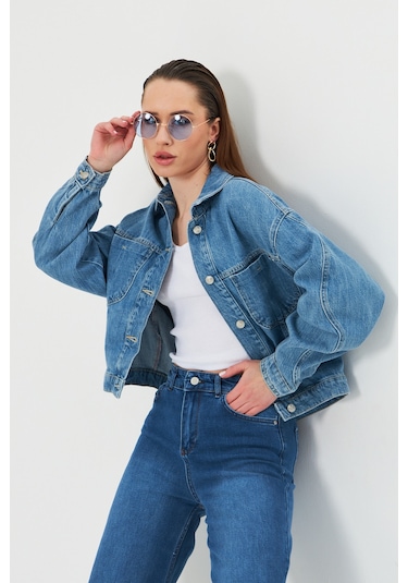 Mavi Yıkamalı Oversize Denim / Kot Ceket Orta Mavi
