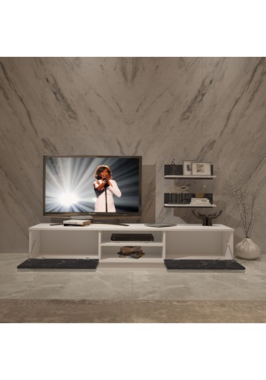 Decoraktiv Eko 4b Mdf Dvd Tv Ünitesi Tv Sehpası Beyaz - Siyah Mermer