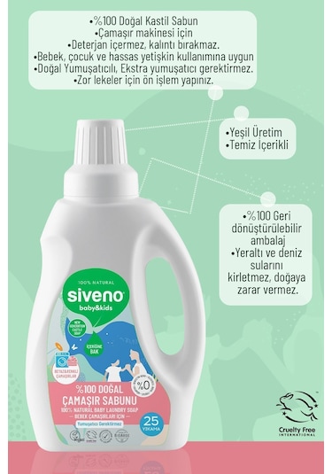 Siveno %100 Doğal Bebek Çamaşır Sabunu Kendinden Yumuşatıcılı Bitkisel Deterjan Konsantre Vegan 750 ml