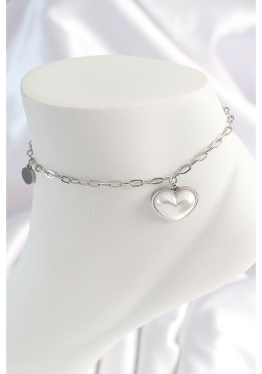 Nova Bazaar 316l Çelik Gümüş Renk Zincir Model 3d Kalp Beyaz Kalp Figür Kadın Halhal Gümüş