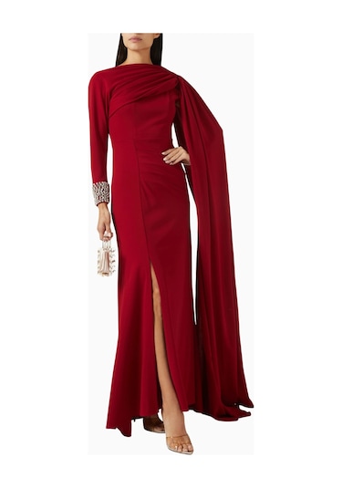 Ac By Aanchal Chanda Embellished Cape Işlemeli Pelerinli Kadın Elbise Kırmızı
