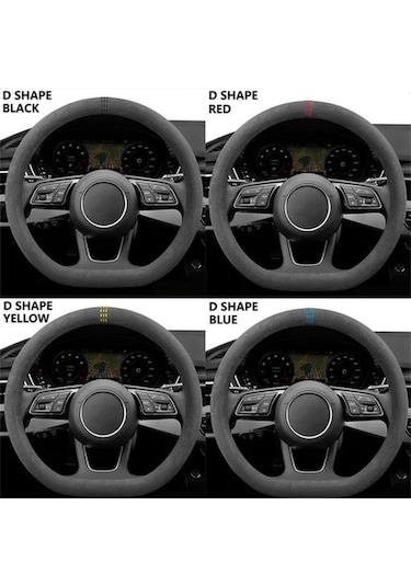 Novahub Kırmızı İnek Derisi Direksiyon Kapakları, 37-38cm, Süet Kılıf, Nefes Alabilir, D Shape, Araba Aksesuarları Kırmızı