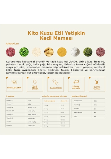 Kito Doğal Besi Kuzu Etli Yetişkin Kedi Maması 2 KG