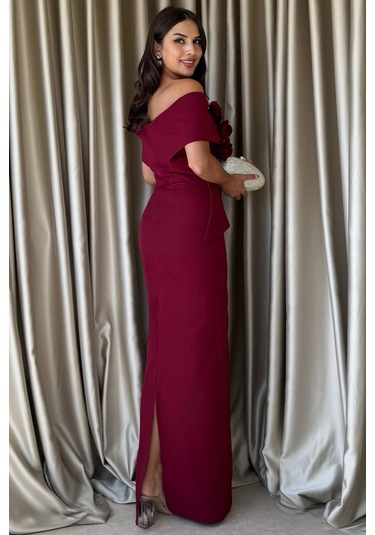 Vivenza Gül Detaylı Omuz Açık Kayık Yaka Uzun Bordo Abiye Elbise, Nişan Ve Düğün Zarafeti Bordo