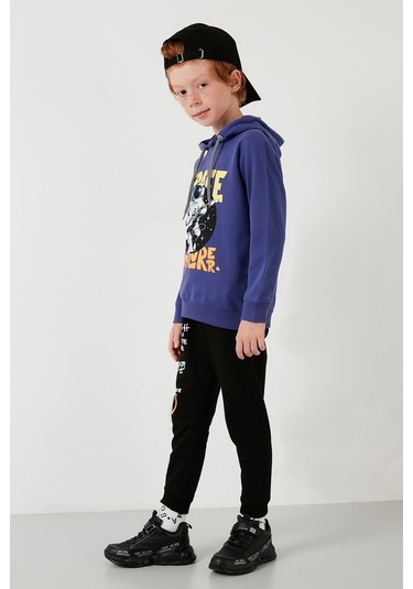 Lela Baskılı Kapüşonlu Cepli % 100 Pamuk Çocuk Unisex Çocuk Takım 5922017 Mor