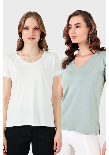 Lela V Yaka Relaxed Fit Yırtmaç Detaylı 2'Li Paket Bayan Bluz 5862000S2 Ekru-Çağla
