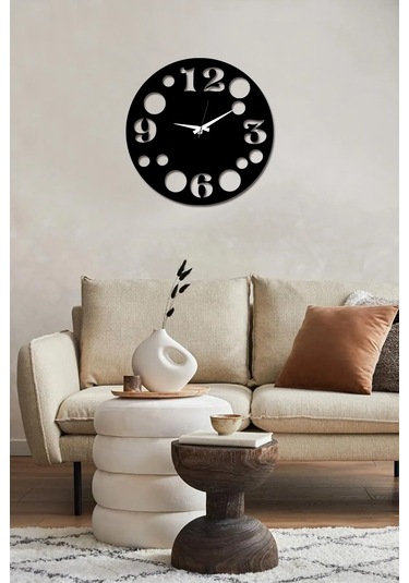Asimetrik Yuvarlakli Dekoratif Ahşap Duvar Saati - 40 X 40cm Siyah