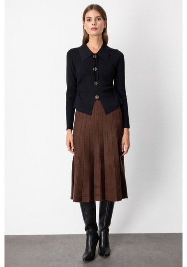 On Kadın Pileli Midi Boy Triko Etek 60201 Kahverengi Kahverengi