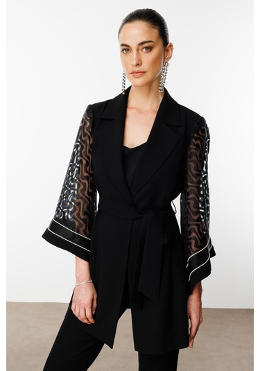 Moda İlgi Kadın Evaze Kol Şerit Taş Aksesuarlı Uzun Ceket 0027 Siyah Siyah