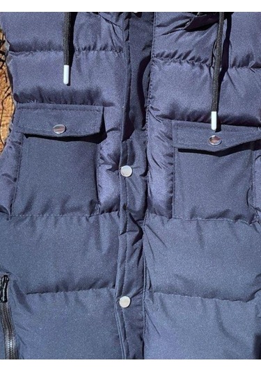 Çocuk Kapüşonlu Cep Detaylı Şişme Kalın Yelek-15008 Lacivert