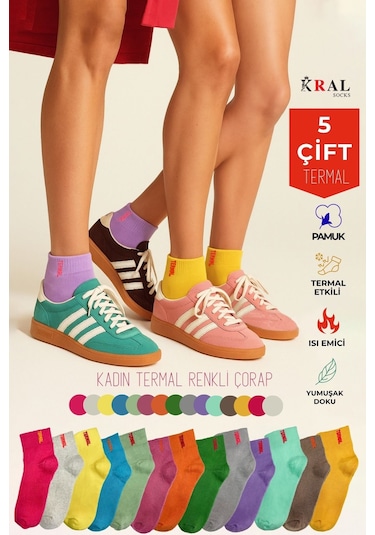 Kadın Çorap 5 Çift Renkli Termal Havlu Kışlık Çorap Isı Emici ASORTİ