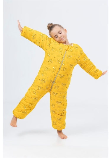 Kız Erkek Çocuk Kalın Elyaf Dolgulu Premium Kalite 2.5 Tog Desenli Uyku Tulumu Ekru - Sarı