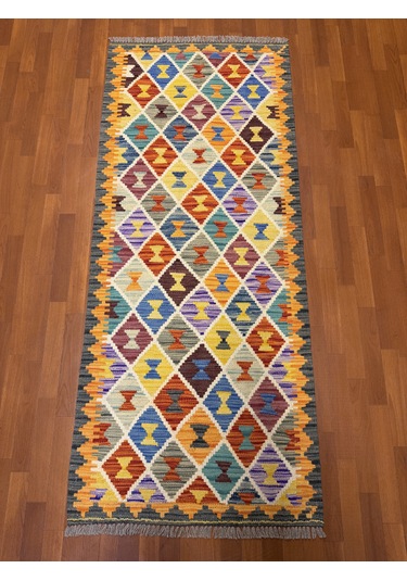 El Dokuma Afgan Kilim 100% Yün Harıka Desenlı Yolluk Çok Renkli