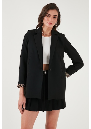 Lela Standart Fit Mono Yaka Desenli Astar Detaylı Blazer Bayan Ceket 6524003 Siyah