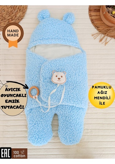 Bebek Dış Kundak Battaniyesi Pelüş Ayaklı Welsoft Uyku Tulumu Kışlık Mont Yenidoğan 0-12 Ay Mavi