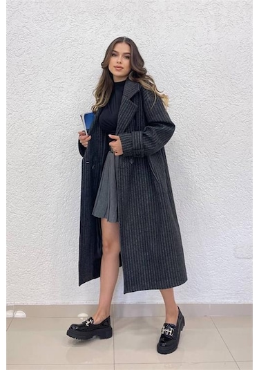 Dip Moda Kadın Siyah Çizgili Oversize Kaşe Kaban Dpnbshnz08 Siyah