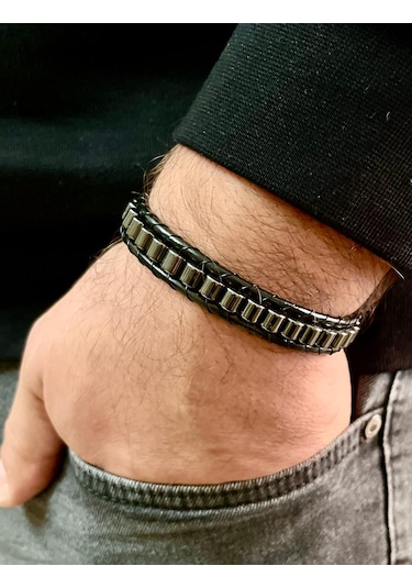 %100 Deri&hematit Kombinli Erkek Bileklik Boyut Net 21cm Füme
