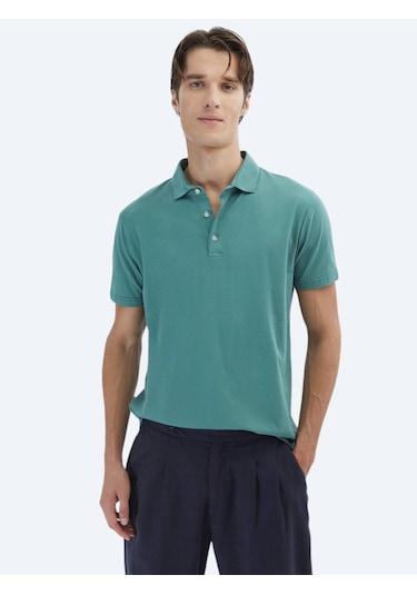 Nil Yeşili Düz Polo Yaka %100 Pamuk T-shirt Nil Yeşili