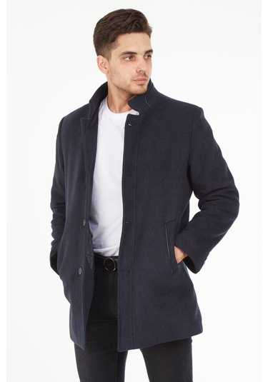 Sposo 1739 Düğmeli Hakim Yaka Yünlü Kaşe Lacivert Erkek Kaban Lacivert Melanj