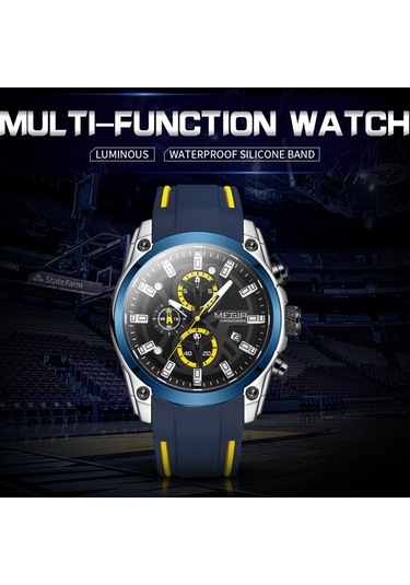 Yunboo Megır 2144 Erkek Spor Saati - Kronometre, Takvim, Aydınlatma Özellikli - 3atm Su Geçirmez - Silikon Kordon - Siyah Ekran, Mavi Bant Kutu İle Lacivert