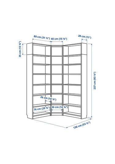 Köşe Kitaplık, Beyaz, 136/136x28x237 Cm Beyaz