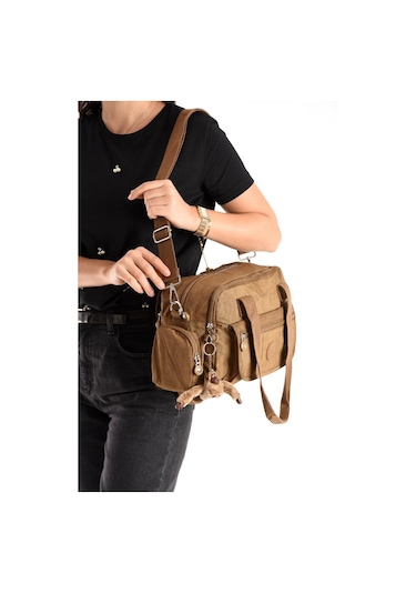 Omuz Çantası Çok Cepli Hafif Klinkır Kumaş 30 20 Cm Çapraz Askılı Postacı Çanta Kol Çantası Taba