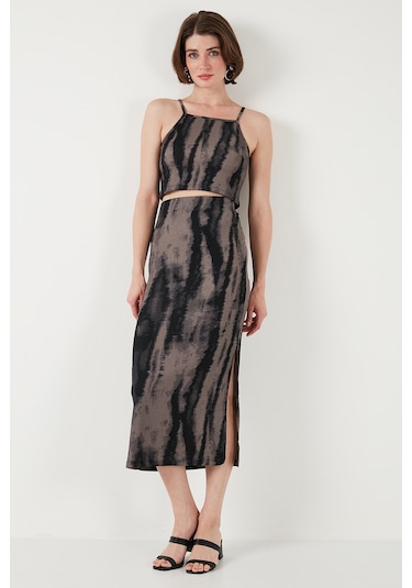 Lela Slim Fit Ip Askılı Yırtmaçlı Midi Alt-Üst Bayan Takım 5869021 Siyah