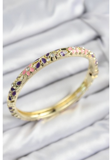 Mineli Pirinç Zirkon Taşlı Pembe Mor Çiçek Motifli Gold Kadın Kelepçe Çok Renkli