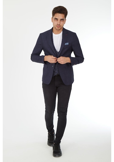 Sposo 5139 Ekose Yelekli Dar Kalıp Lacivert Erkek Blazer Ceket Lacivert