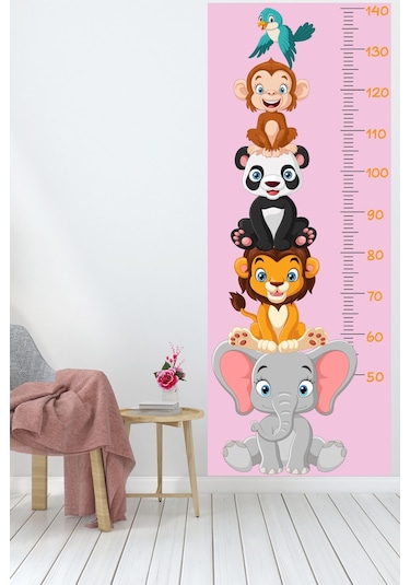 Sevimli Safari Hayvanları Boy Ölçüm Cetveli Boy Ölçer Sticker Pembe