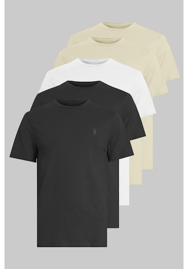 Kozik Standart Fit Bisiklet Yaka Erkek Tişört 5'li Siyah - Beyaz - Bej 008 Çok Renkli