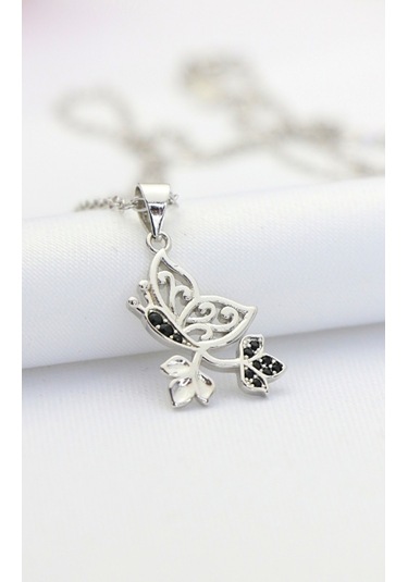 Nano Siyah Taşlı Yapraklı Kelebek Gümüş Kolye-Silver