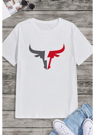Erkek Boğa Silüet Baskılı Oversize Tshirt Beyaz