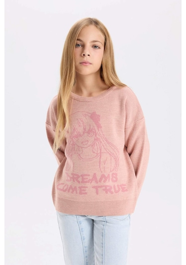 DeFacto Kız Çocuk Bisiklet Yaka Desenli Triko Kazak D3189A824WNPN186 Pembe