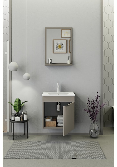 Biani Fix Arya 55 Cm Banyo Dolabı,Seramik Lavabolu, Aynalı,Lavabo Dahil,Mdf,Latte Biani Fix Arya 55 Cm Banyo Dolabı,Seramik Lavabolu, Aynalı,Lavabo Dahil,Mdf,Latte
