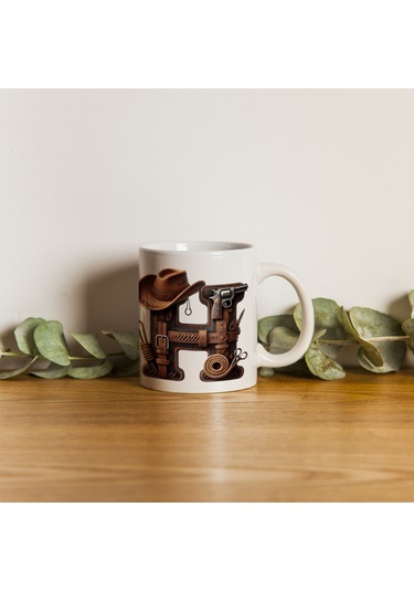 H Harfi Kovboy Temalı Bardak 330 Ml İsim / Harf Kişiye Özel Hediye - Vahşi Batı Konsept Beyaz