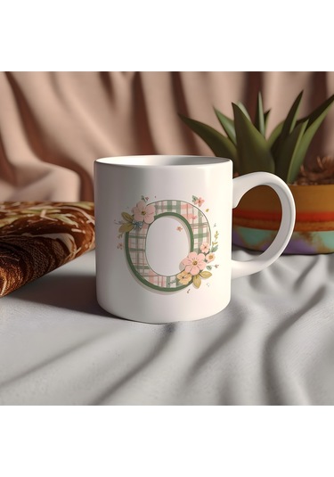 O Harfli Çiçek Desenli Kupa Bardak - Ekose Desenli Yeşil Pembe Desenli Tasarım - Kişiye Özel Hediye Beyaz