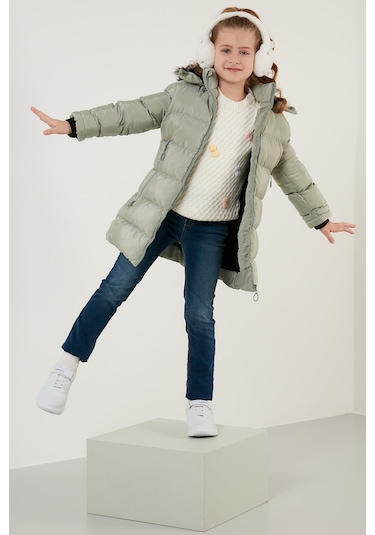 Lela Peluş Astarlı Yakası Suni Kürklü Çıkarılabilir Kapüşonlu Kışlık Kız Çocuk Mont 5766038 Mint