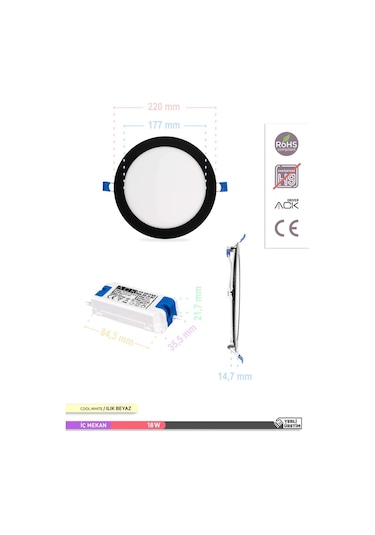 ACK 18W Sıva Altı Yuvarlak LED Panel Armatür Siyah Gövde 4000K Il Siyah