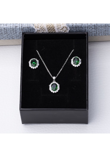 5-8 Mm Yeşil Oval Zirkon Taşlı 925 Ayar Gümüş Kadın 2'li Set Gümüş