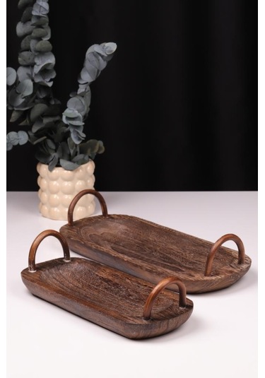 Bambum 2 Parça Pavlonya Darkwood Ahşap Sunum Seti Kulplu Dikdörtgen Servis Tabakları Ahşap