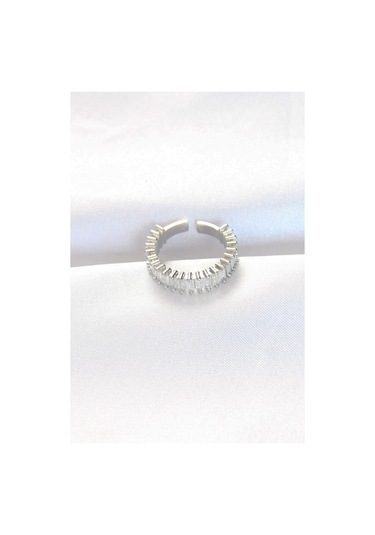 Sıralı Baget Taşlı Silver Renk Ayarlanabilir Yüzük Gümüş