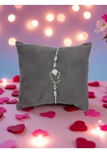 Kalp Figürlü Taş Detaylı 925 Ayar Gümüş Bileklik Gümüş