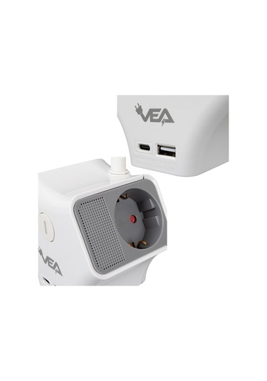 Vea 2 Adet Usb 1 Adet Type-c Girişli 3680 Watt 16 Amper 1.5 Metre Kablolu Anahtarlı Çoklu Priz Golyat Fiş