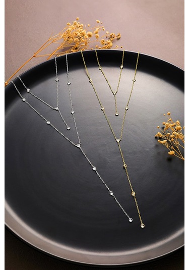 925 Ayar Gümüş Zirkon Taşlı 2 Li Y Kolye Altın