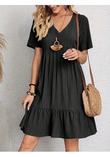Kadın Kısa Kollu V Yakalı Fırfırlı Bürümcük Elbise Siyah